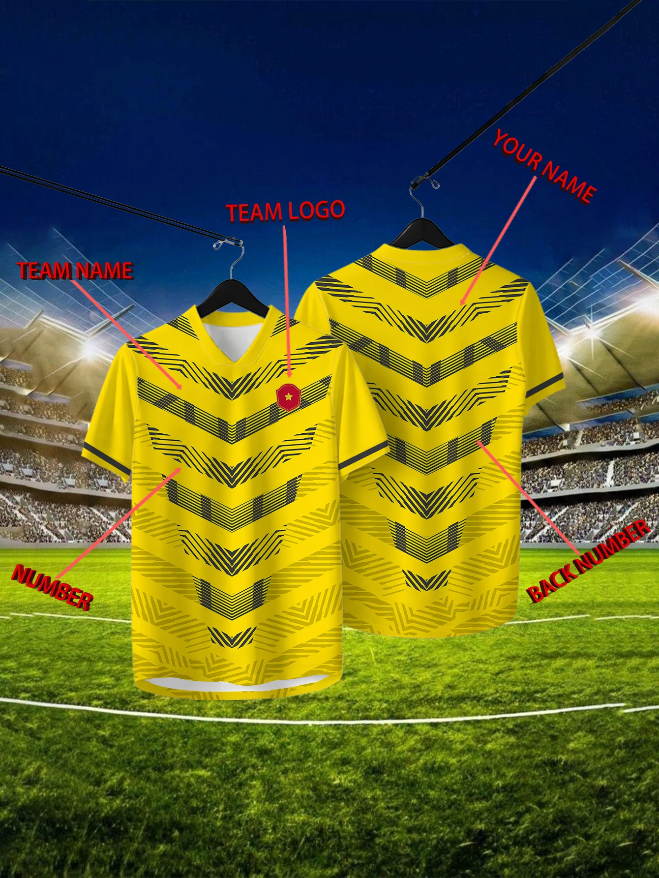 

Customized Geometric Yellow Short Sleeved Shirt with Team Name, Emblem, Name and Number, Outdoor Sports Short Sleeved T-shirt