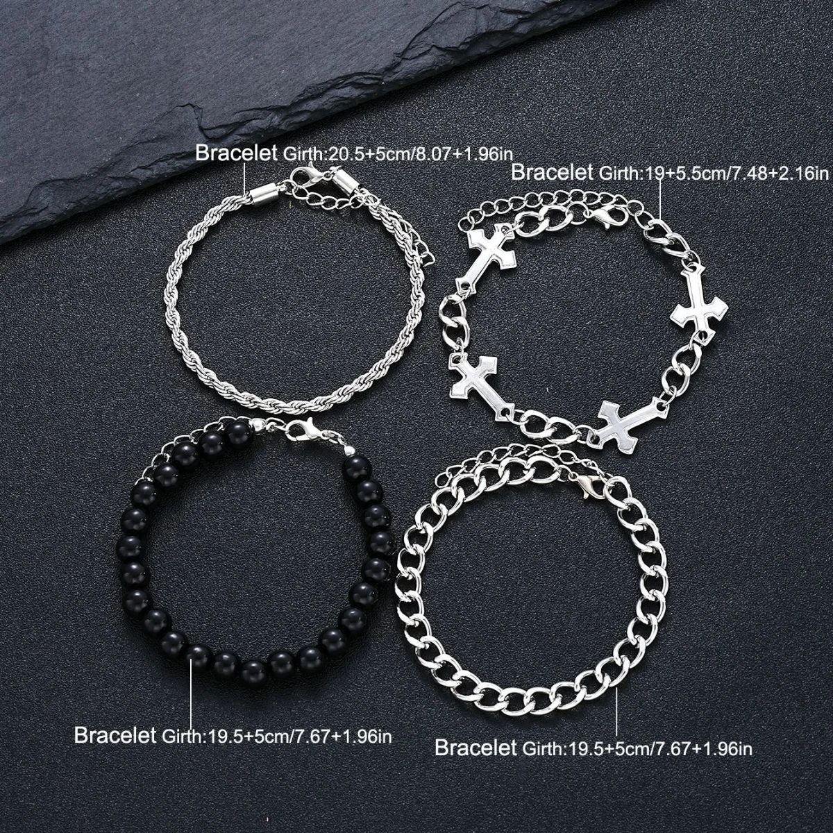 Retro Edelstahl-Kreuz-Armband mit schwarzen Perlen, mehrschichtiges Hip-Hop-Armband in Silberfarbe für Männer, INS-Schmuck, trendige Accessoires – Detail 3