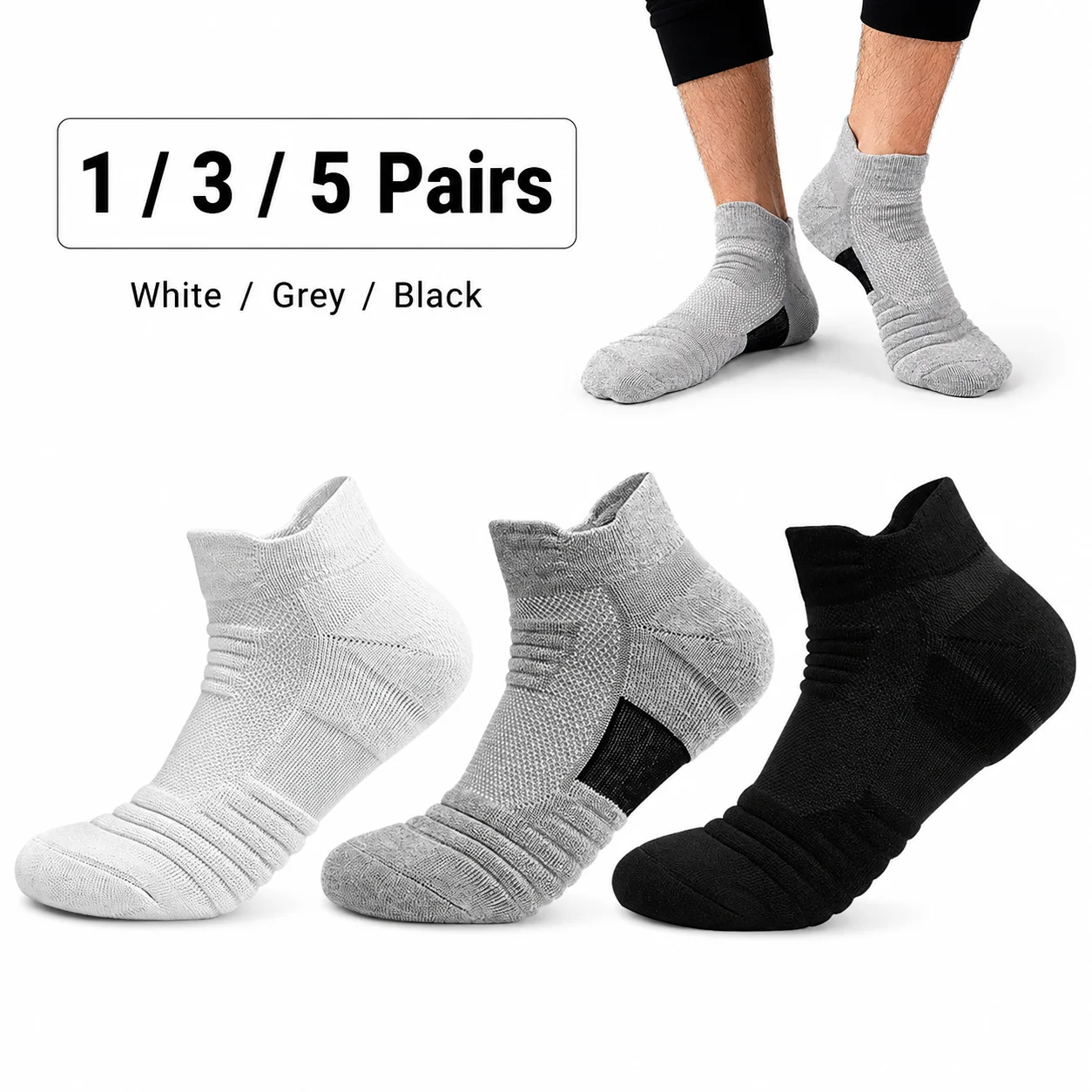 1/3/5Pairs Men's Athletic Ankle Socks Breathable Mesh Cushioned Non-Slip Running Sports Sock with Arch Support Sweat-Absorbing