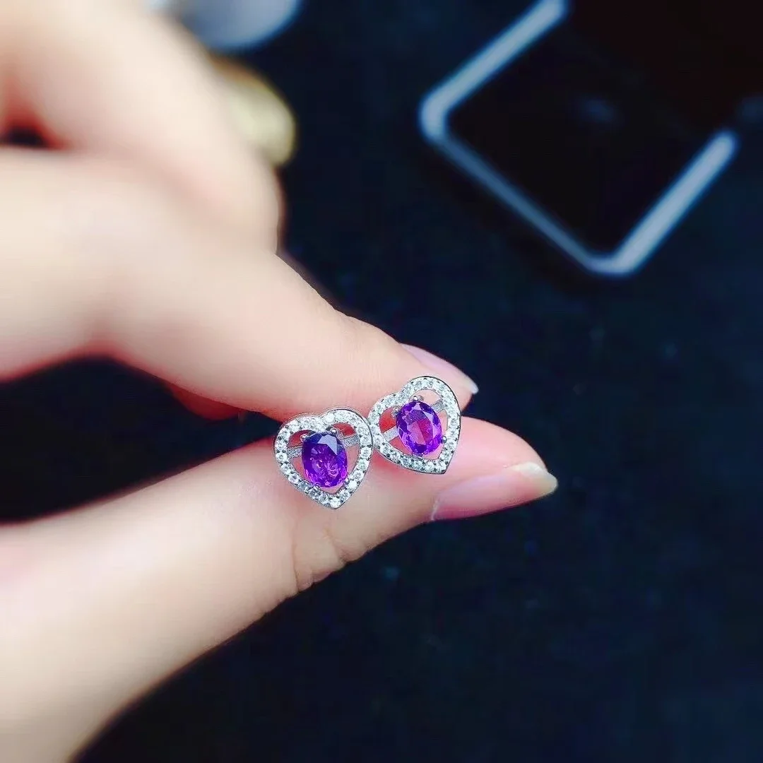 

Романтические серебряные серьги-гвоздики в форме сердца 4 мм * 5 мм VVS, серьги из натурального аметиста, твердое серебро 925 пробы с аметистом, серебряные серьги