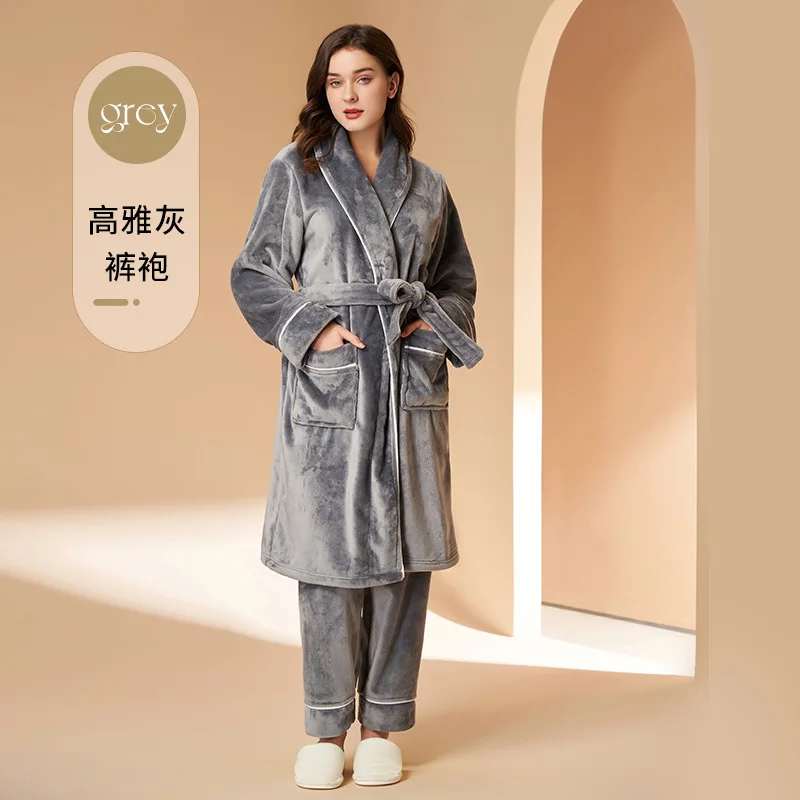 Couple Winter Warm Dress Sets Coral Velvet Thicken Plush Sleepwear Casual Shawl Collar Women's Bath Robes Long Pants Pajamas