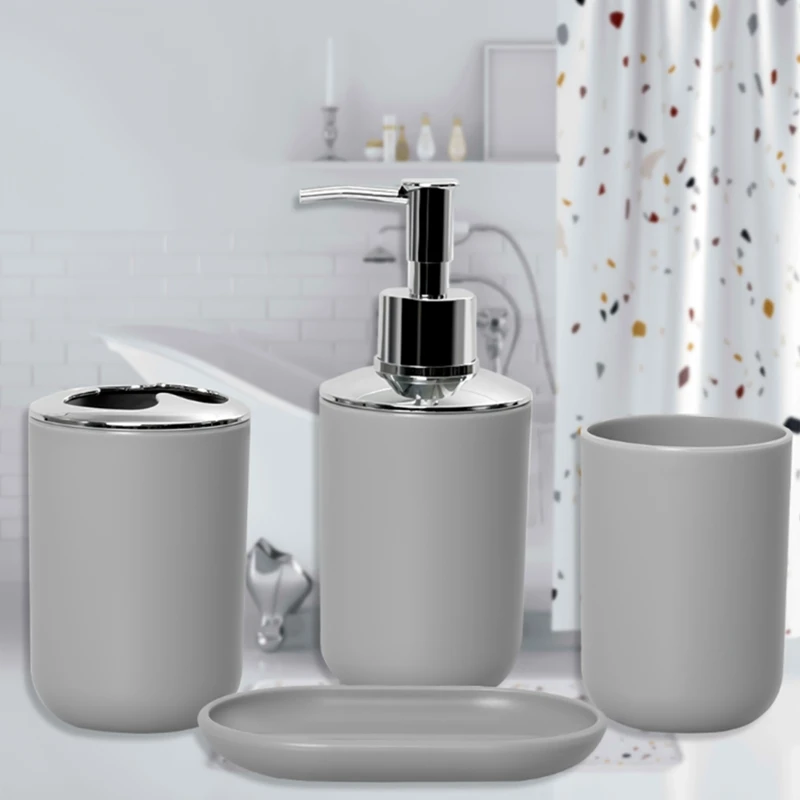 مجموعة ملحقات الحمام البلاستيكية المكونة من 4 قطع، مجموعة ملحقات فرشاة المرحاض للحمام مع حامل فرشاة الأسنان، كوب فرشاة الأسنان (رمادي) - A73M