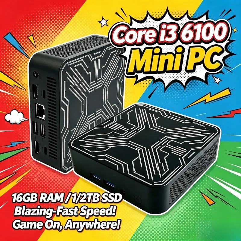 Intel i3 6100 Portable Mini PC 16GB DDR4 1TB NVMe SSD Triple 4K WiFi6 Silent Cooling Office Home Desktop Pro Unit