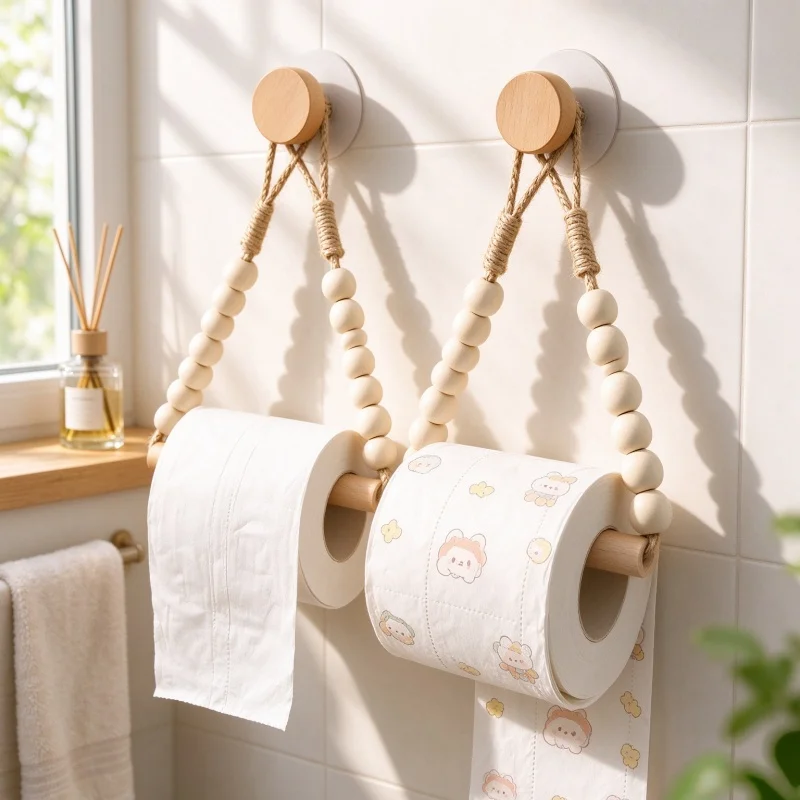Wood Bead Toilet Paper Holder Punch Free Rustic Hemp Rope Wall Mount Roll Paper Holder Bathroom Storage Organizer