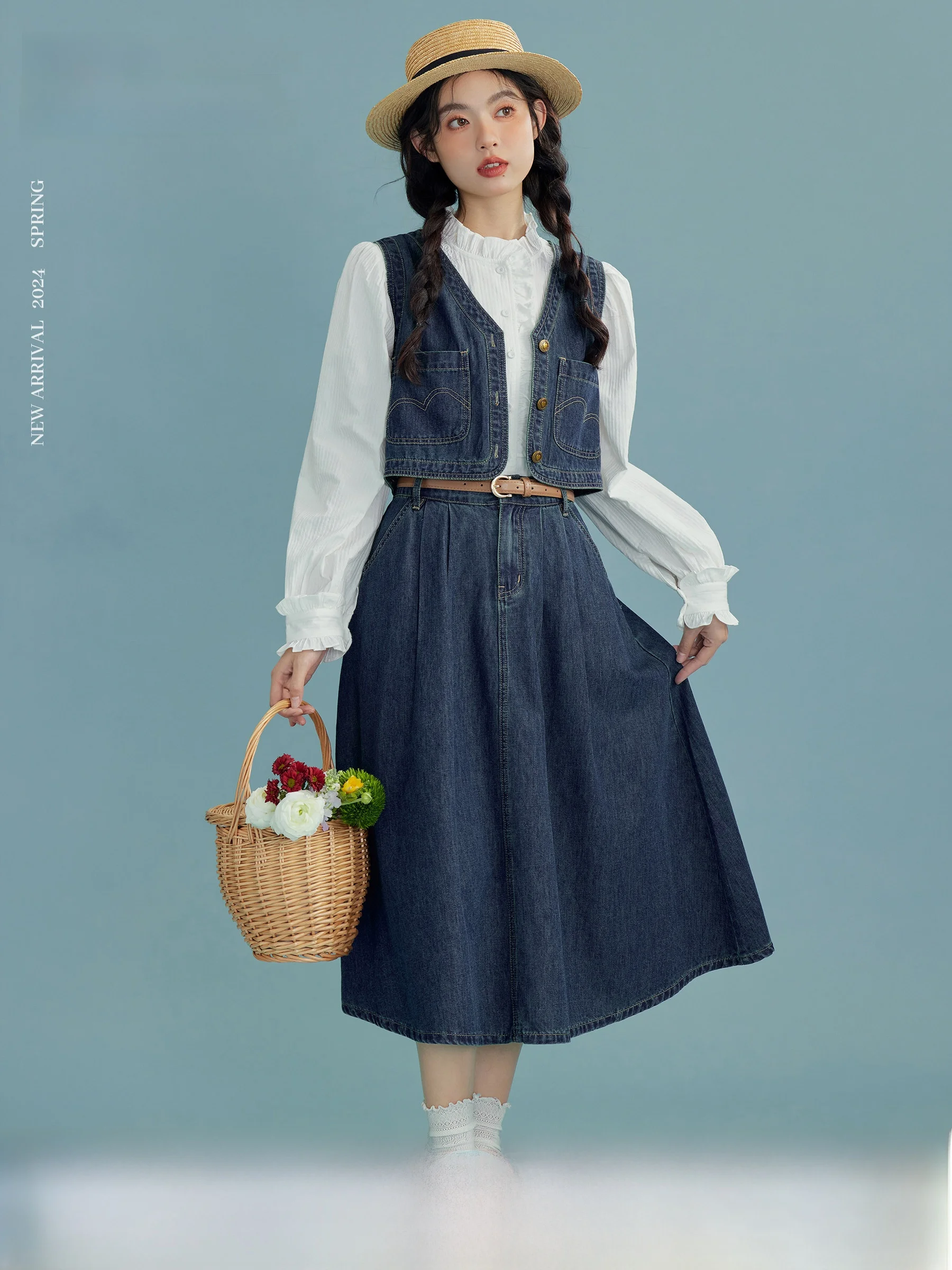 

Весна 2026: Ретро-юбка Lingjiu из выстиранного денима, средней длины, с завышенной талией, стройнящая, маленького размера, А-силуэт, в милом стиле, из смесового хлопка