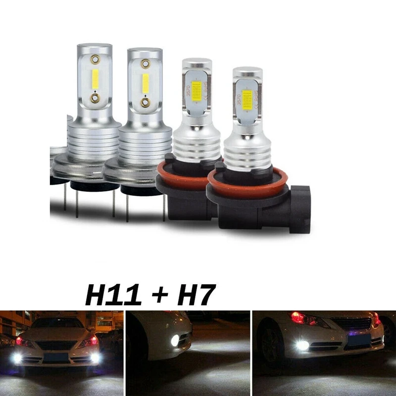 Combo H11 + H7 LED Headlight Bulbs Kit High Low Beam Fog Lamp 6500K White 2 Sets