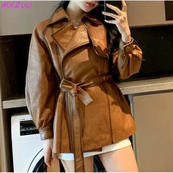 Sheepskin Coat 2023 Women Black/Brown Genuine Leather Jackets Spring Autumn Korean Fashion Lapel Sashes Slim Chamarra Piel Mujer