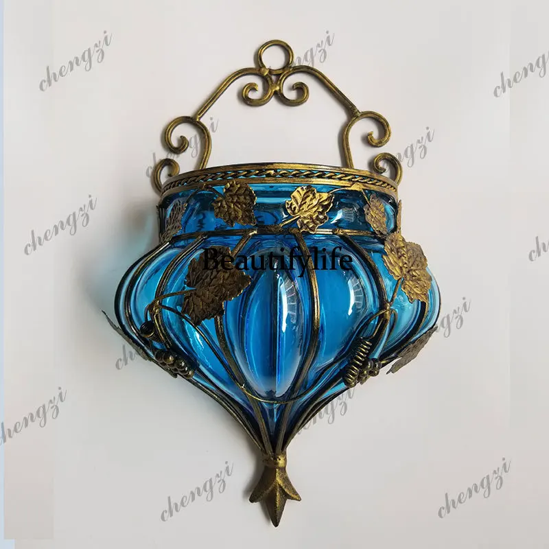 American retro wrought iron wall decoration, wall hanging, artificially blown glass vase wall decoration