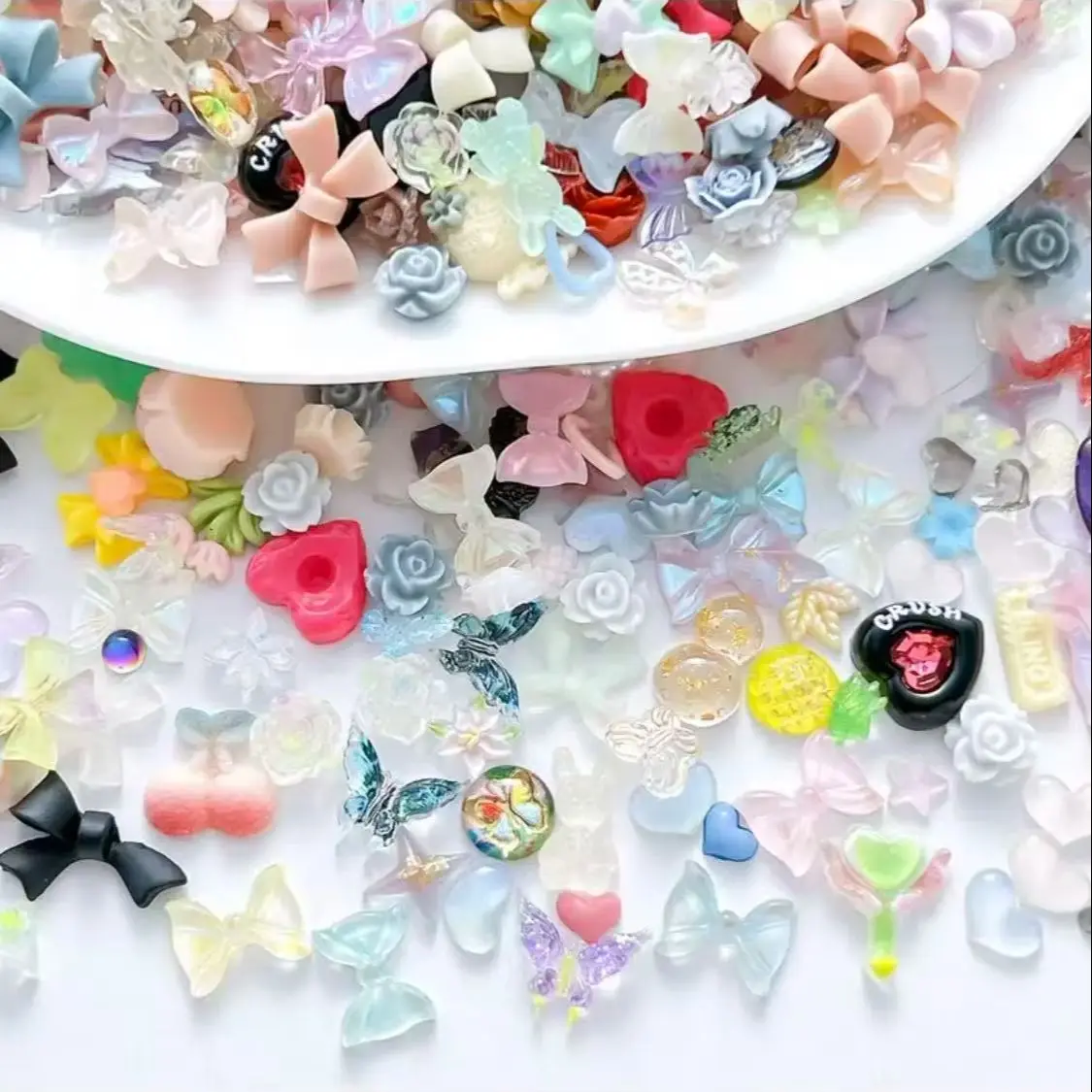 200PCS Mixed Flatback Resin Charms Bow Flower Cartoon Cabochons DIY Nail Art Cream Glue Phone Case Decor Supplies