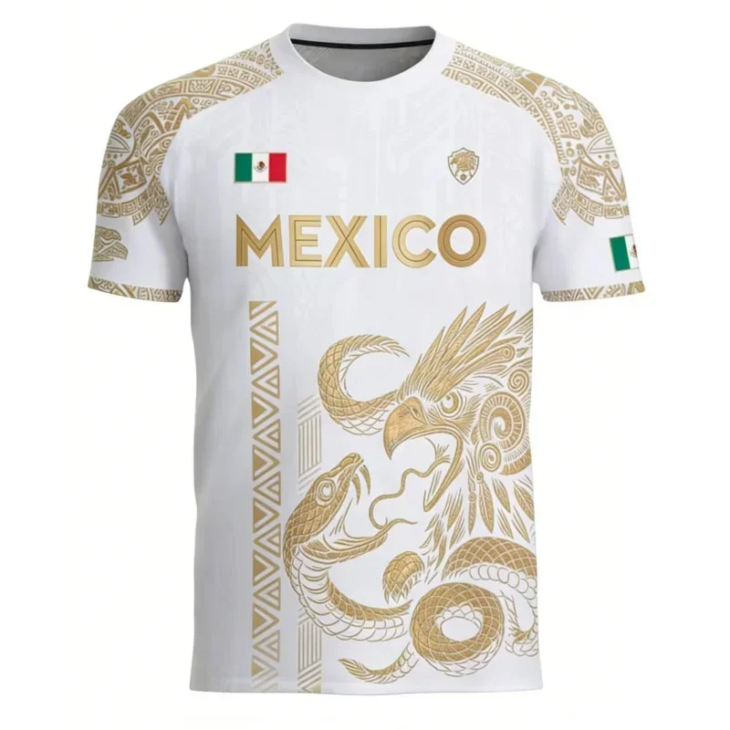 Fashion Men's Mexico Football Sports T-Shirt Mexican Flag Eagle Serpent Aztec Totem 3D Print Short Sleeve Soccer Fan Tee Tops