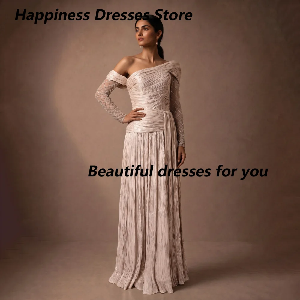 Customized Pink Pleated Asymmetrical Mother Of The Bride Gown Off Shoulder Beaded Mesh Long Sleeve Ruched Wedding Guest Dress