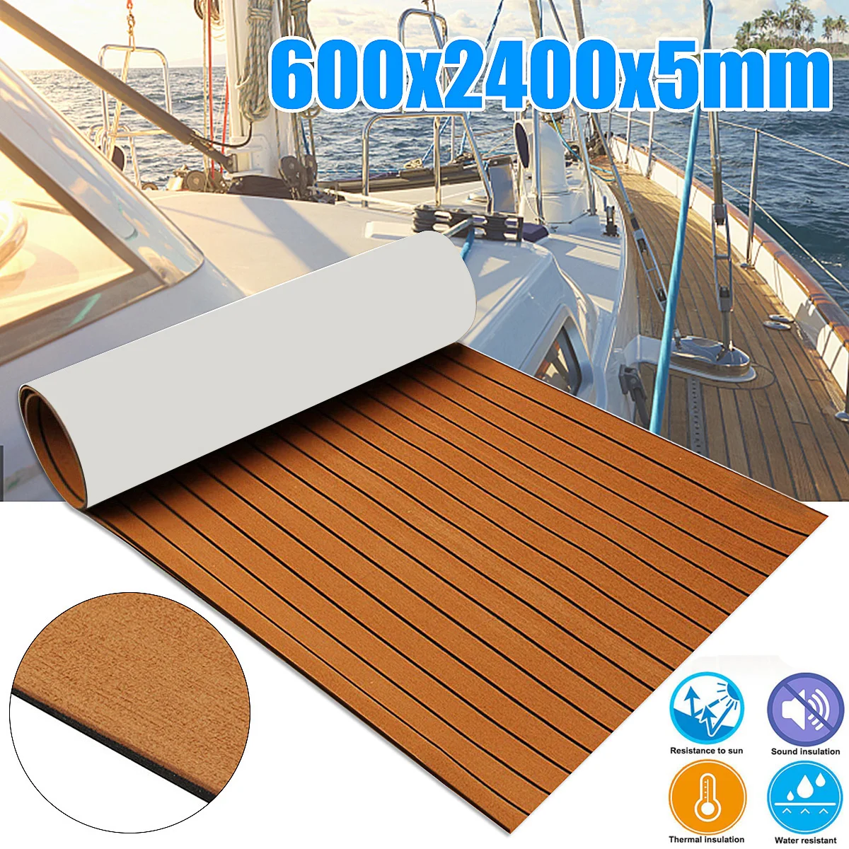 2400x600x5mm Pavimenti per yacht autoadesivi Schiuma EVA Marrone teak con linea nera Foglio per ponte per barche in finto teak