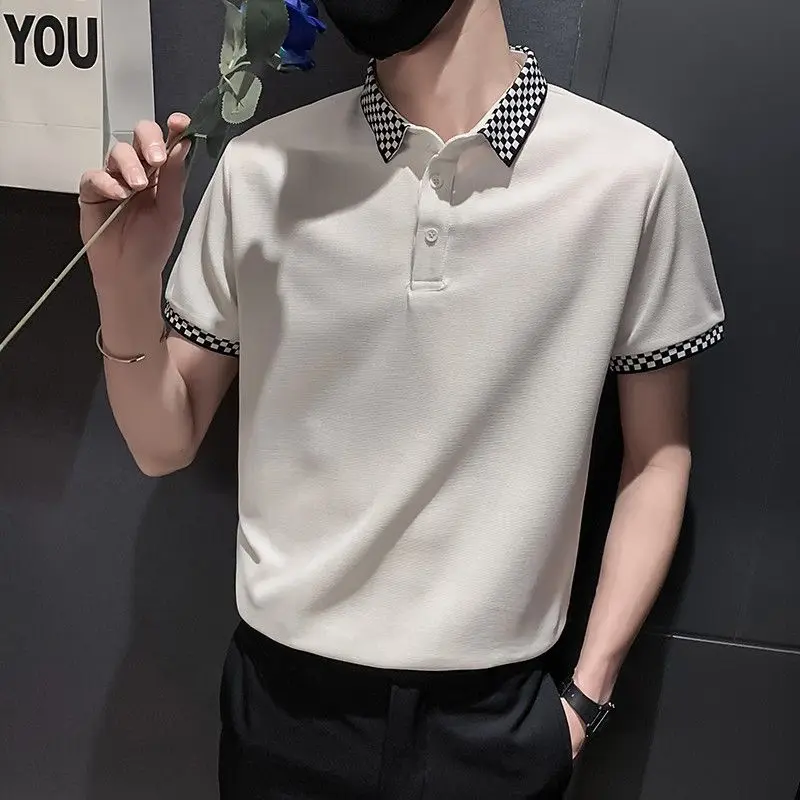 2024 Summer Fashion Brand Trendy Pi Shuai Blast Street Flip Collar Checkered Print Loose Casual Short Sleeved Polo Shirt for Men