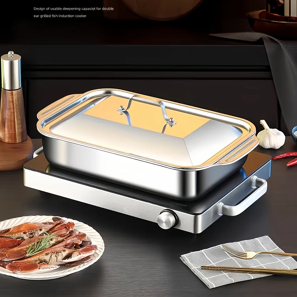 

4-Piece Set Stainless Steel Square Baking Tray with Lid Deepened Fish Grill Pan Family Gathering Insulation Cold Container Self-