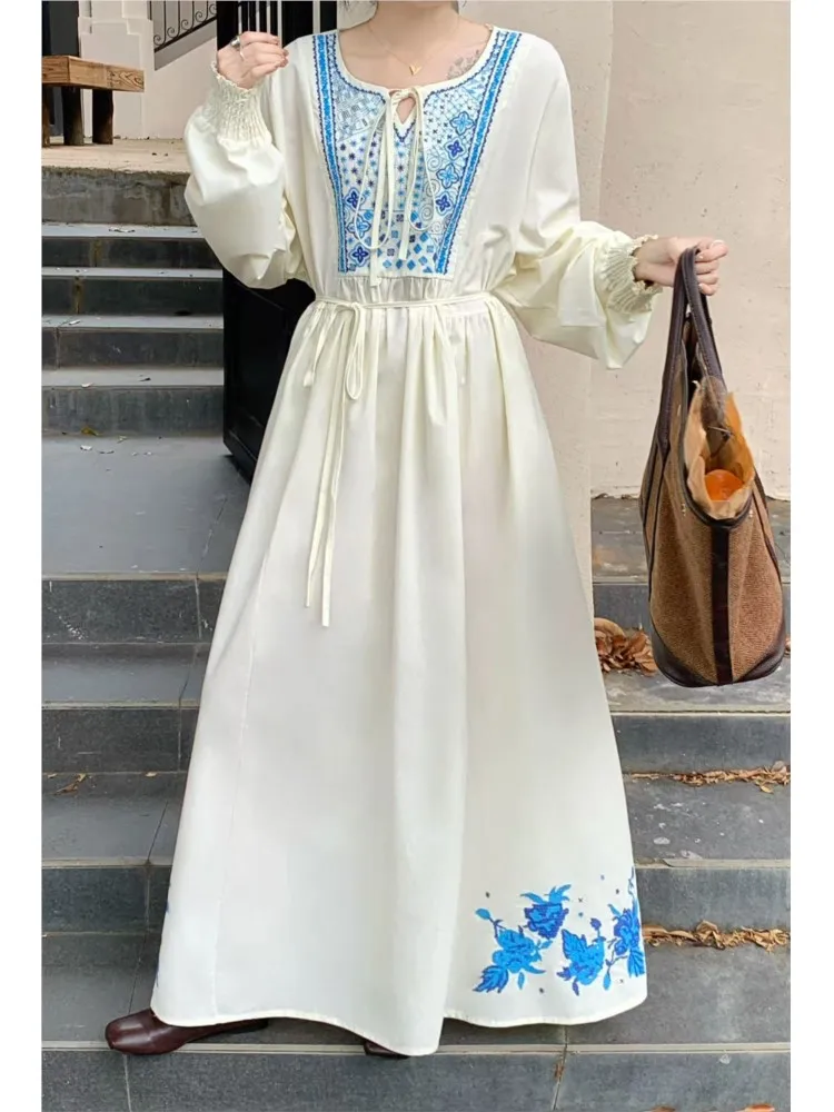 봄 여름 긴팔 드레스 여성 꽃 자수 보헤미안 여성 드레스 캐주얼 루즈 신상 비치 여성 롱 드레스 2026