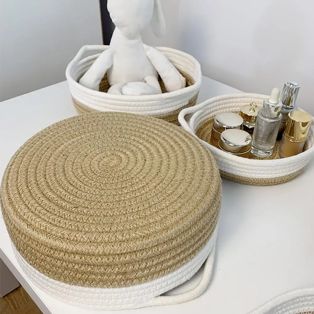 Hand-woven Storage Basket Knitting Cotton Hamper Cosmetics Organizer with Handle Table Bowl Wicker Basket Baby Nursery Basket