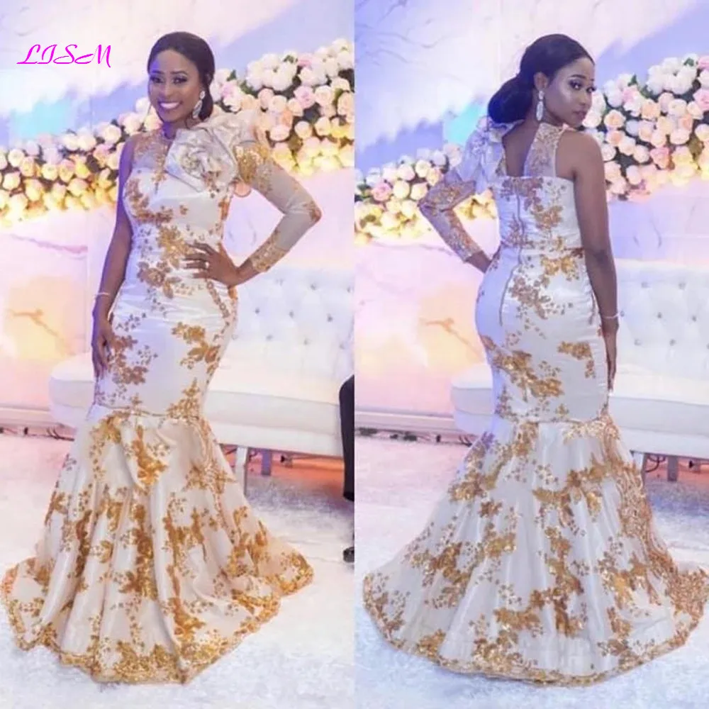 Arabic One-Shoulder Mermaid Prom Dresses Gold Appliqued Tulle Party Evening Gowns vestidos de noche largos elegantes 2022 boda