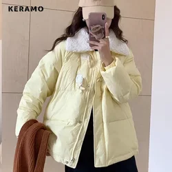 Women Casual Sweet Long Sleeve Patchwork Single Breasted Parkas 2024 Winter Yellow Outerwear Jacket Lovely Warm Thick Coat