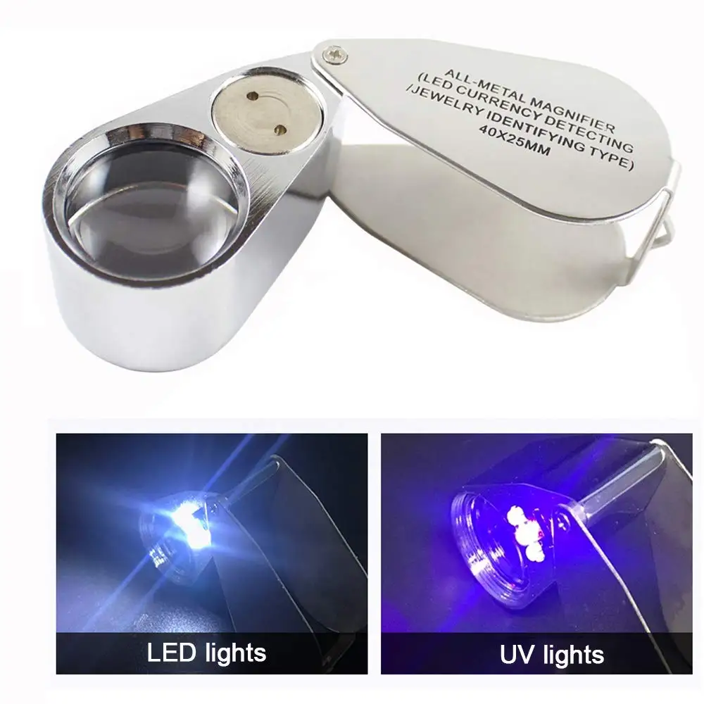 40-fache Metall-Schmucklupe mit LED-UV-Licht, Taschenlupe, faltbare Schmucklupe für Schmuck und Münzen – Detail 1
