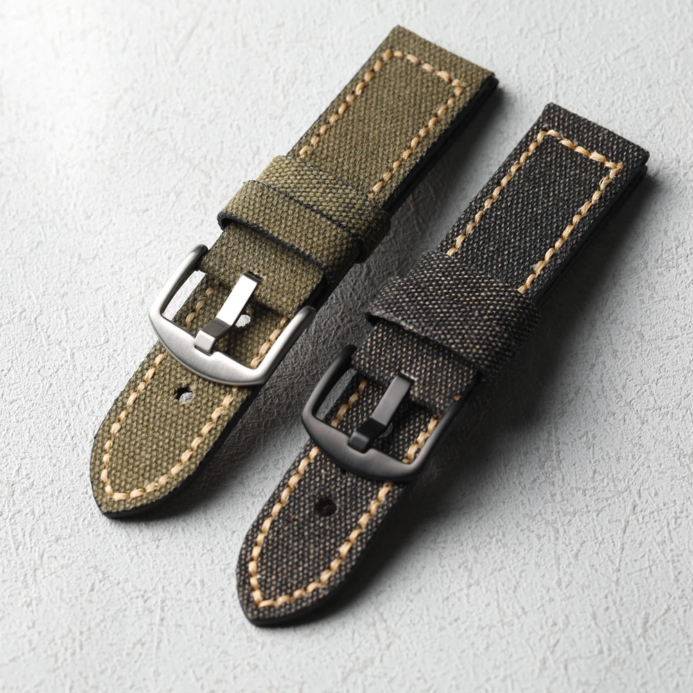 Handmade Canvas+Genuine Leather Watch Bracelet 20MM 22MM 24MM 26MM Green Black  Thick and Sturdy Bracelet