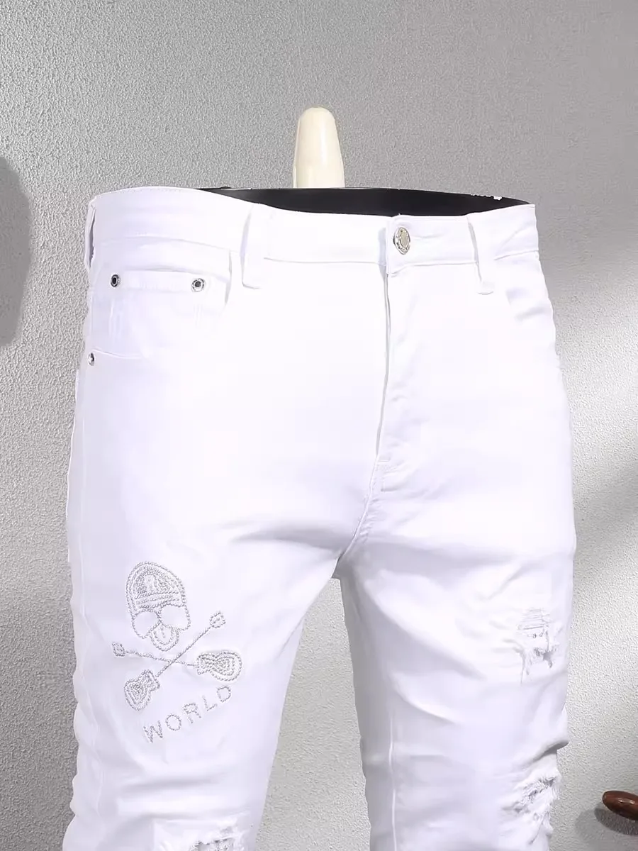 Men Jeans White Distressed Stretch Slim Skinny Jeans Men Scratch Faded Streetwear Hip Hop Denim Pants JeansY2K