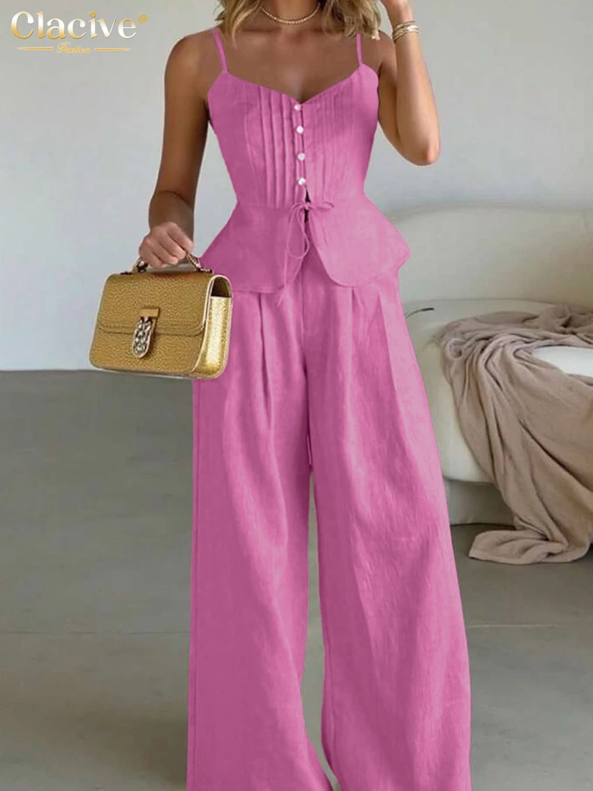 

Clacive Sexy Loose Brown 2 Piece Set Women Summer Sleeveless Tank Top With High Waist Wide Pants Set Female Clothing Streetwear