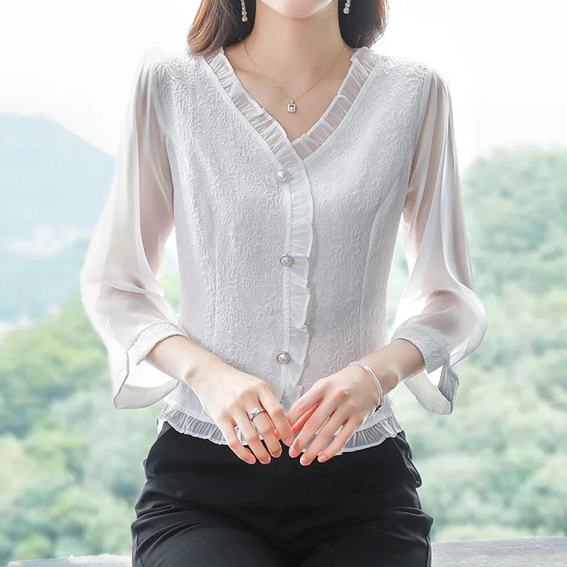 Chiffon 3/4 Sleeve Solid Color Blouse Summer New Lace Patchwork Loose Irregular Elegant Shirt Tops Vintage Fashion Women Clothes