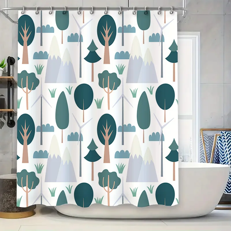 

Занавеска для душа в стиле природы с лесной сценой с сосни, горами и ветровыми турбинами, идеально подходящая для создания эко-фр.