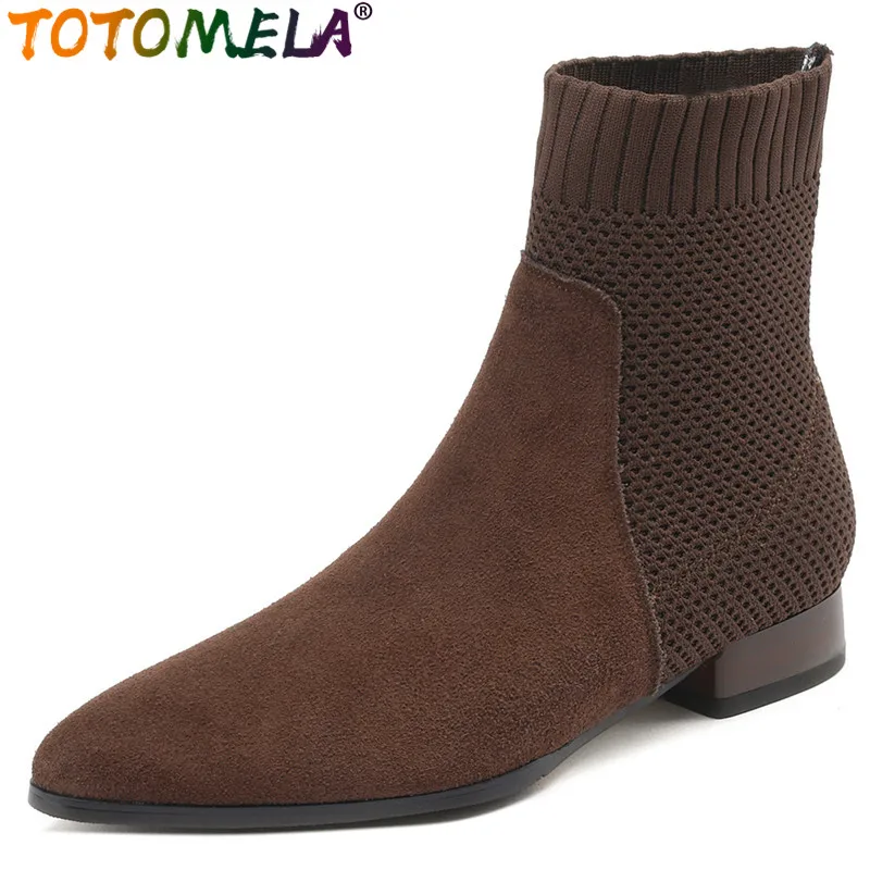 

TOTOMELA 2024 New Female Weave Slip On Winter Boots Retro Cow Suede Leather Boots Square Low Heels Ankle Boots