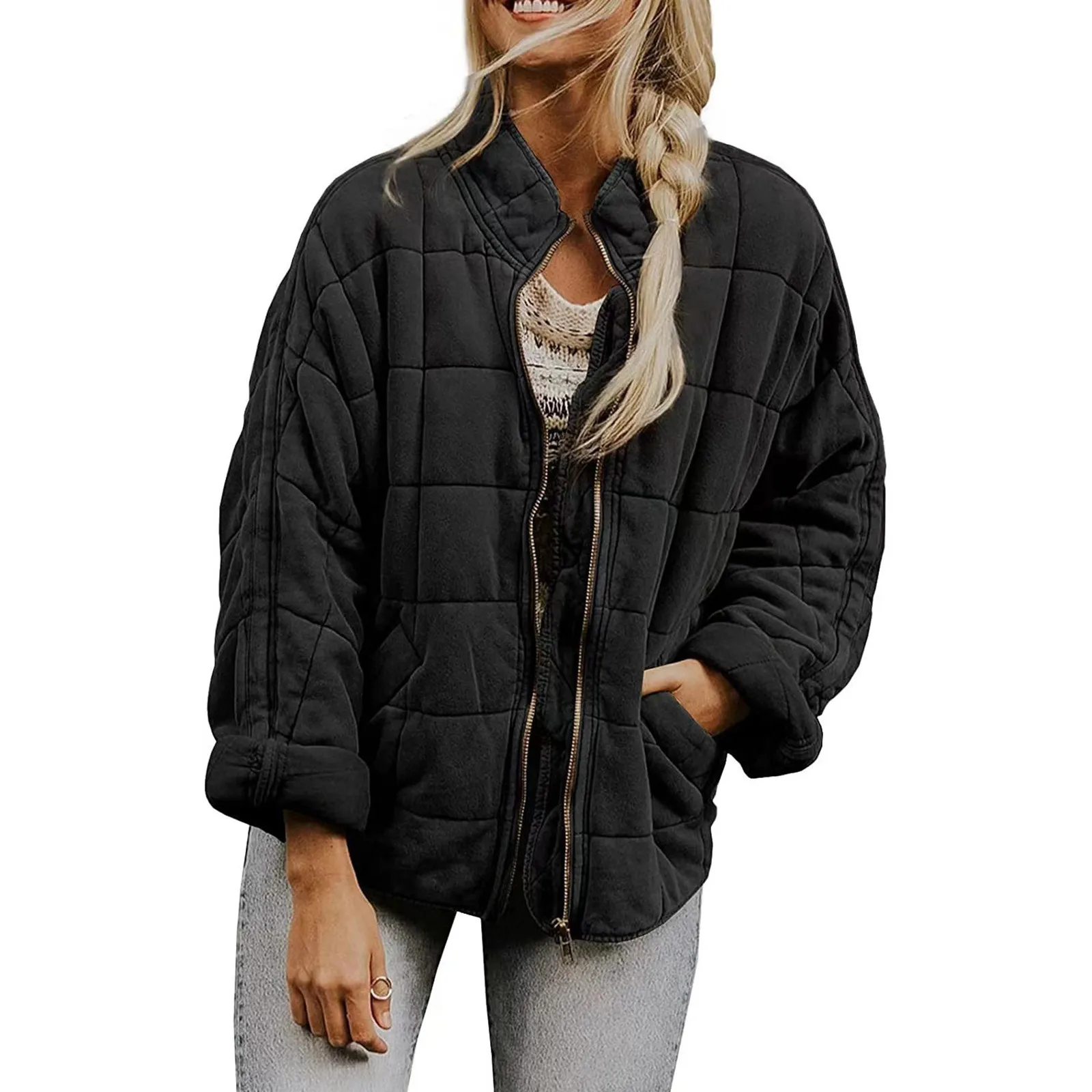 Casual Jackets Outerwears Autumn/Winter 2024 Vintage  Women\'s Neck Women Fashion Quilted  Female Pocket Padded Zipper Stand