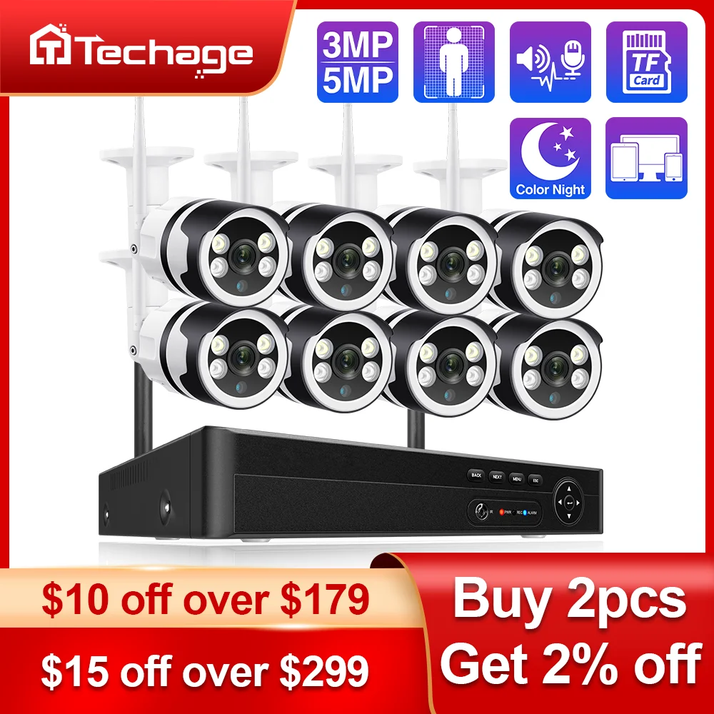 Techage 8CH 3MP 5MP WiFi IP Camera System H.265 Two-way Audio Human Detected P2P Metal CCTV NVR Video Surveillance  Security Set