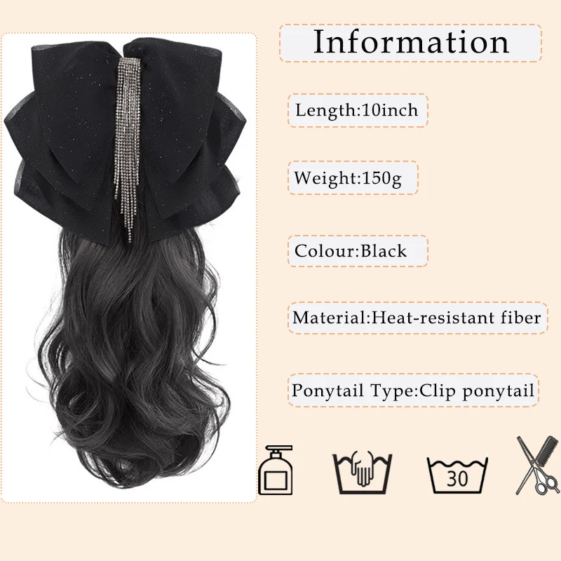 Short Wave Clip on Ponytail Extension Tassel Bow Claw Fake Tail Synthetic Heat Resistant Hairpiece Water Wavy Ponytail for Women