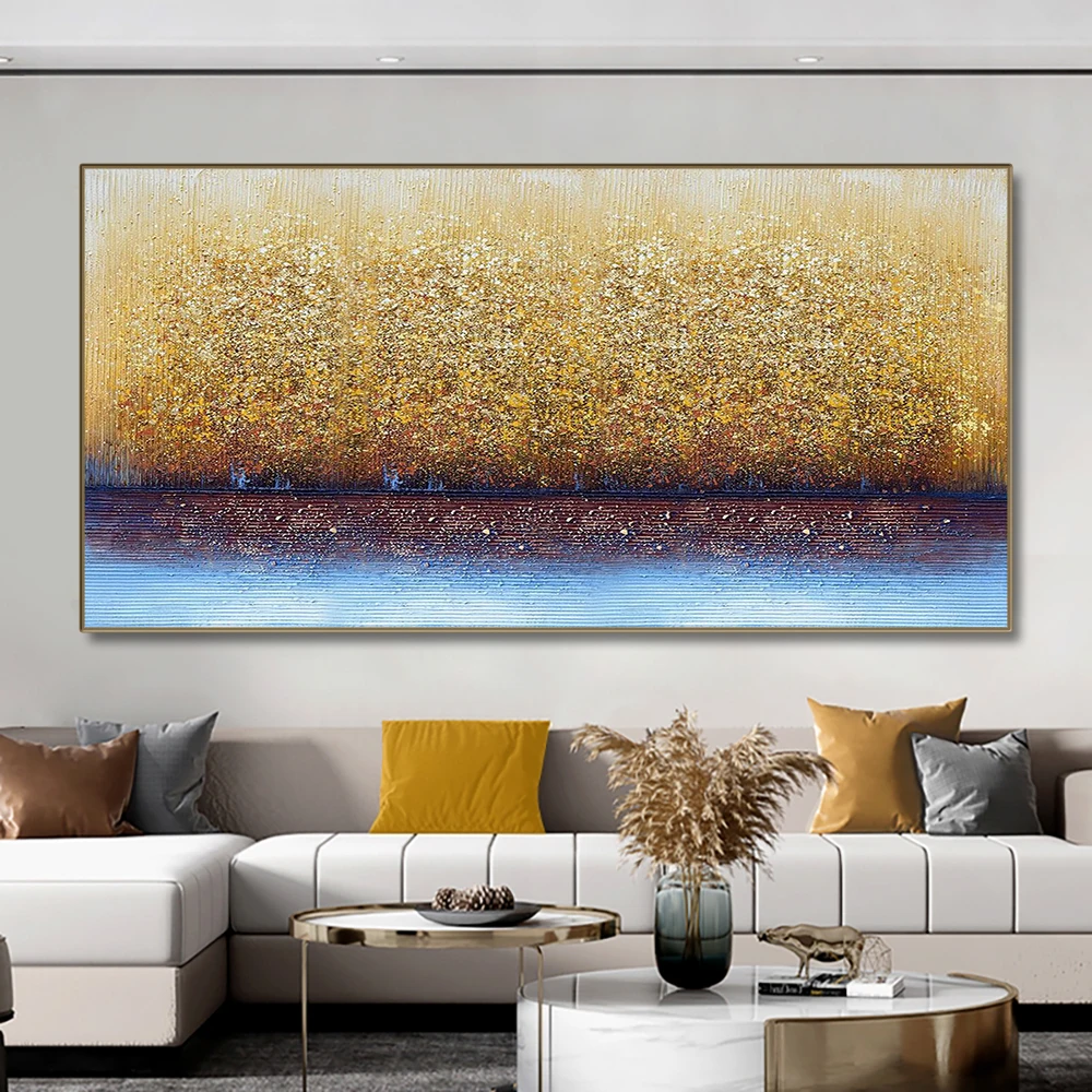 Hand Painted Abstract Gold Texture Sparkling Oil Canvas Painting Handmade Skyline Seascape Oil Artwork for Livingroom Wall Decor