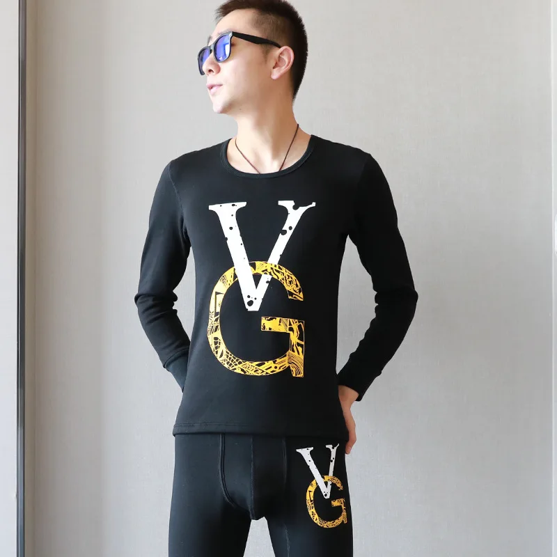 Men's Fashionable Thermal Underwear Thick Velvet Warm Legging Casual Homewear Base Youth Round Neck Autumn Clothes and Pants Set