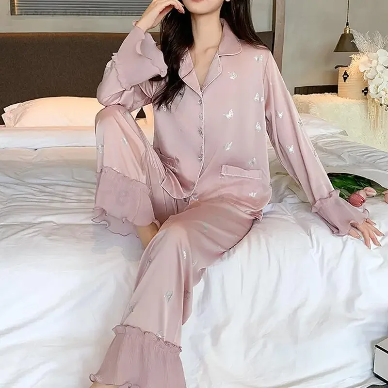 

Женский пижамный комплект из 2 предметов, брючный пижамный костюм с бабочкой и длинными рукавами, весна-лето, шелковая атласная одежда для сна, одежда для дома, свободная домашняя одежда