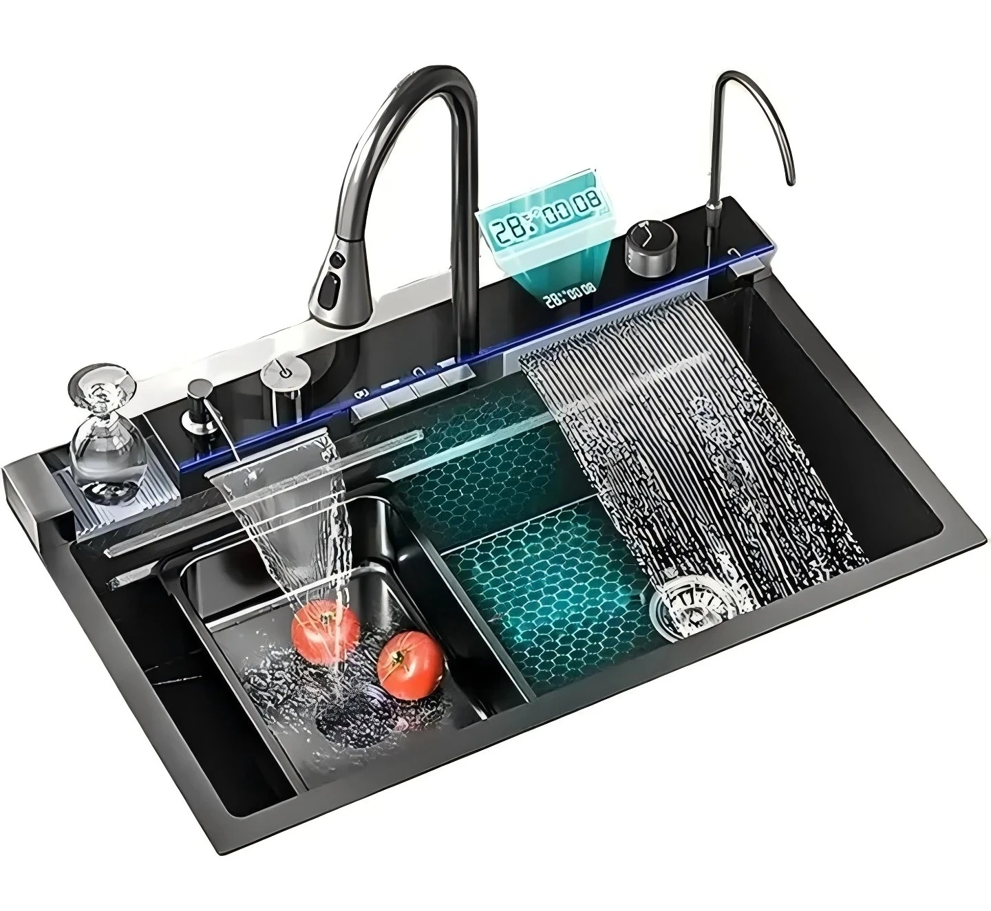 2025 Popular Large Single Slot Multifunction Sink Anti-Scratch LED Digital Display 304 Stainless Steel Waterfall Kitchen Sinks