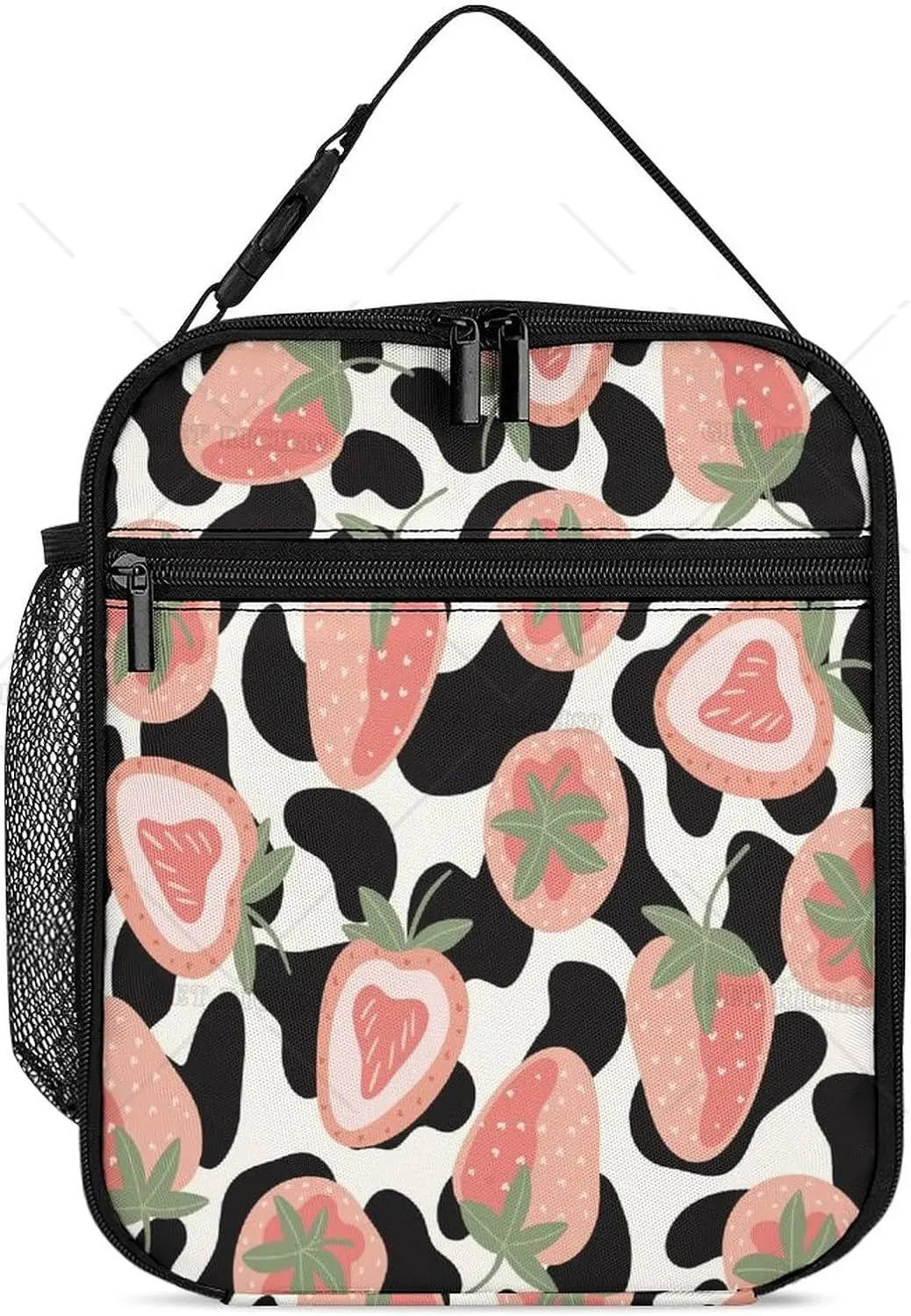 Cow Print with Strawberry and Flower Insulated Lunch Bag for Girls Boys Women Men Cooler Tote Bag Leakproof Lunch Box for Work