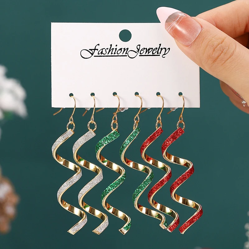 1Set Spiral Wave Curve Dangle Earrings For Women Girls Fashion Simple Long Twisted Christmas Earring Jewelry Accessories Gifts