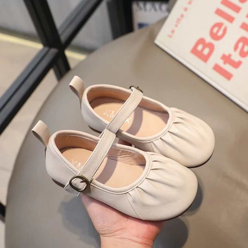 

Pleated Korean Children Girls' Leather Shoes Shallow Baby Single Shoes Kids Casual Shoes Simple Soft Breatheable Non-slip Cute