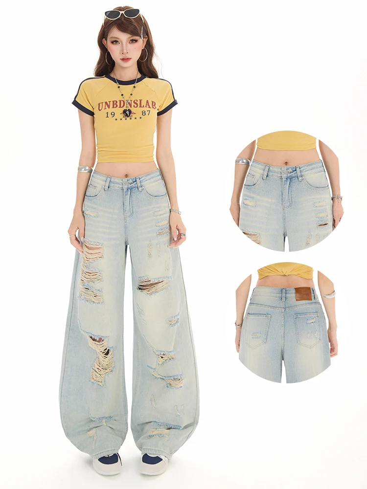 

Light Wash High Waist Wide Leg Jeans Women's Summer New Style High Street Loose Floor-Length Straight Cut Denim Pants