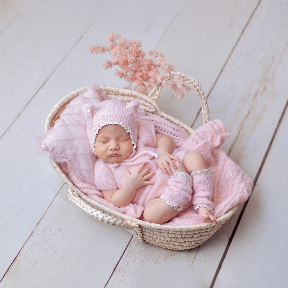 طفل التصوير الدعائم عدة لطيف الوردي محبوك بذلة قبعة الساق الجوارب مجموعة الدانتيل وسادة زهرة اصطناعية استوديو صور تزيين الدعامة #2