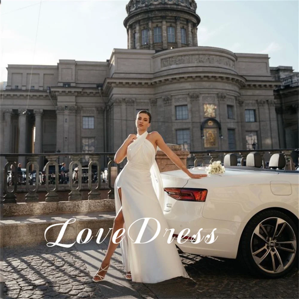 

Love Sexy Beach Halter Criss-Cross Pleat A-Line High Side Slit Wedding Dress Elegant BackLess Ankle Length Sleeveless Customized