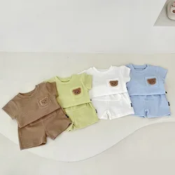 Newborn Baby Summer Solid Solor Set Girl Cute Bear Embroidery Pocket Short Sleeves Tops + Boy Cotton Soft Shorts 2pc Suit