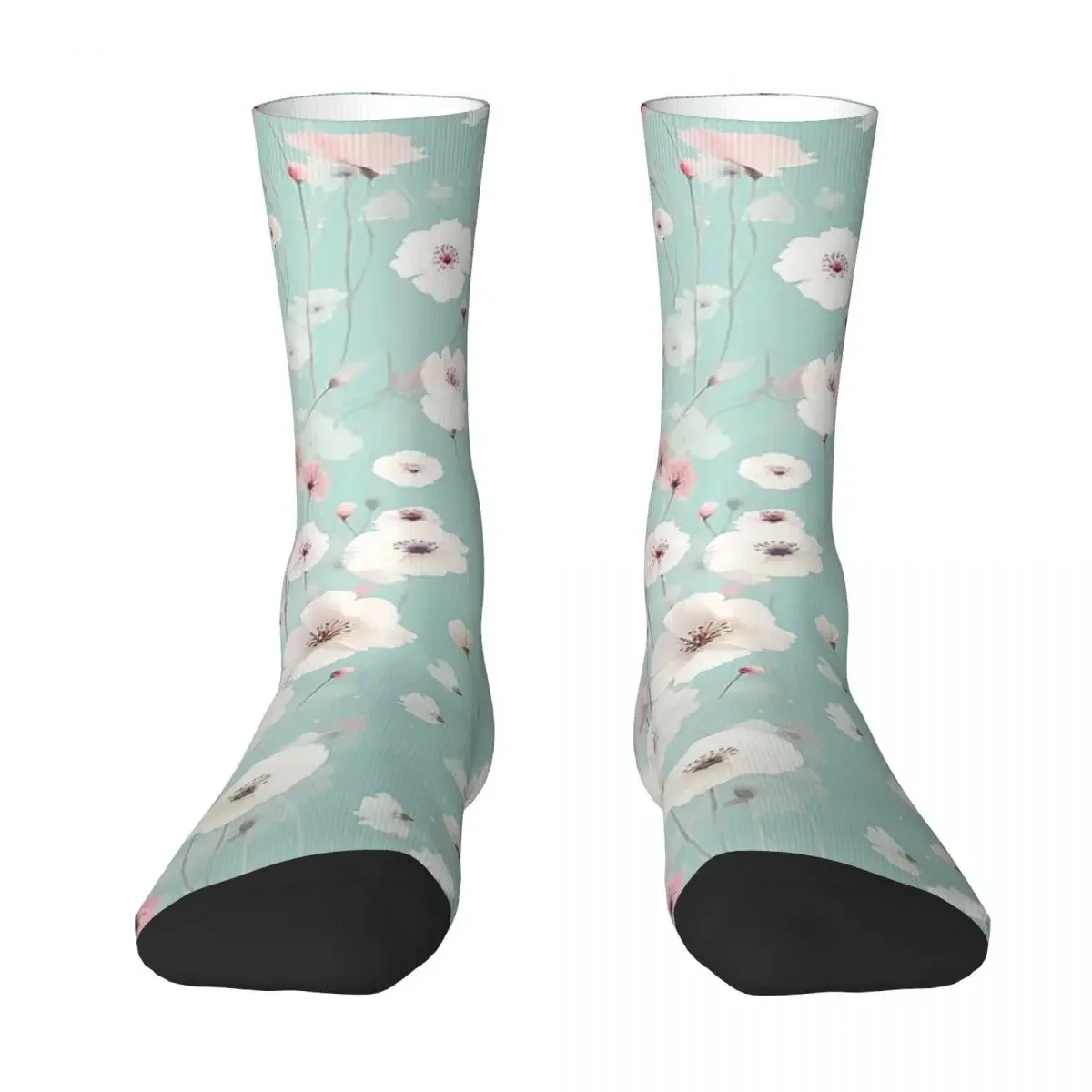 

Белые маки на мятом фоне, носки, чулки в стиле Харадзюку, всесезонные длинные носки, аксессуары для подарка на день рождения унисекс