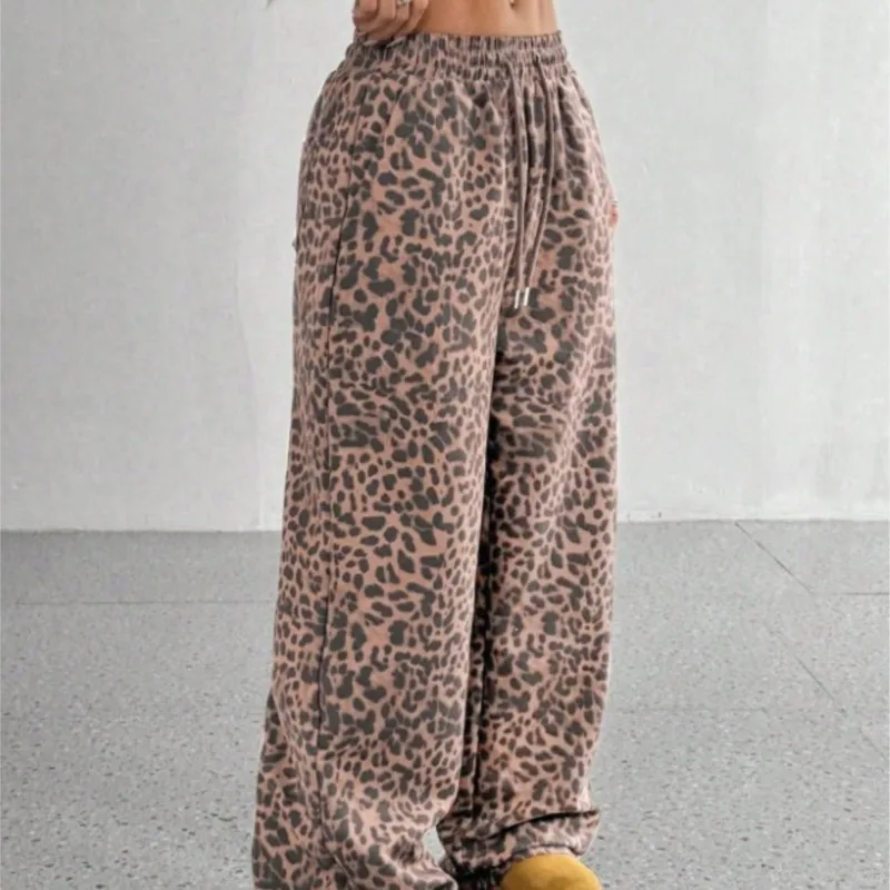 Pantalon imprimé léopard pour femme, ample, Style de rue, vêtements à la mode, taille haute, jambes longues et larges, pantalon de nettoyage au sol, automne hiver