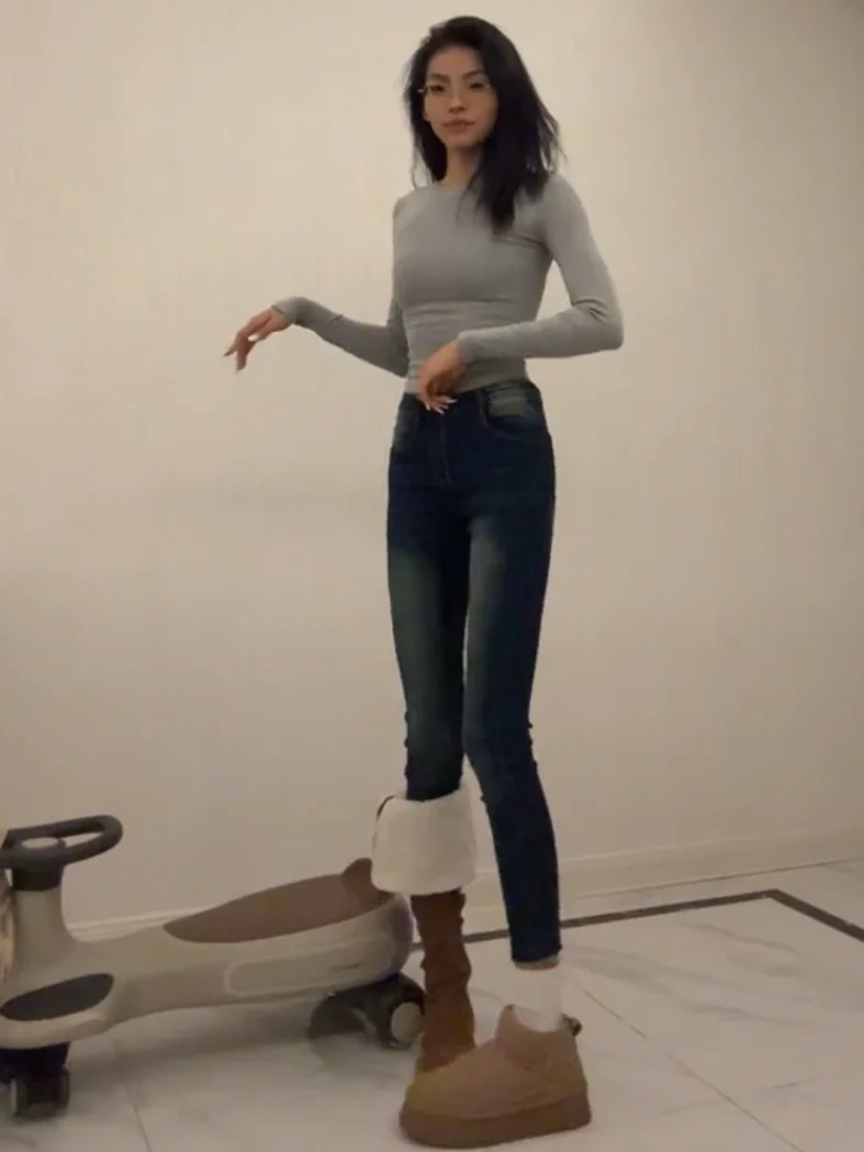 

Джинсы с высокой талией, облегающие, из денима, укороченные, в стиле ретро, с эффектом потертости, леггинсы-карандаш, женские, осенне-зимние, модные, эластичные, из мягкого хлопка