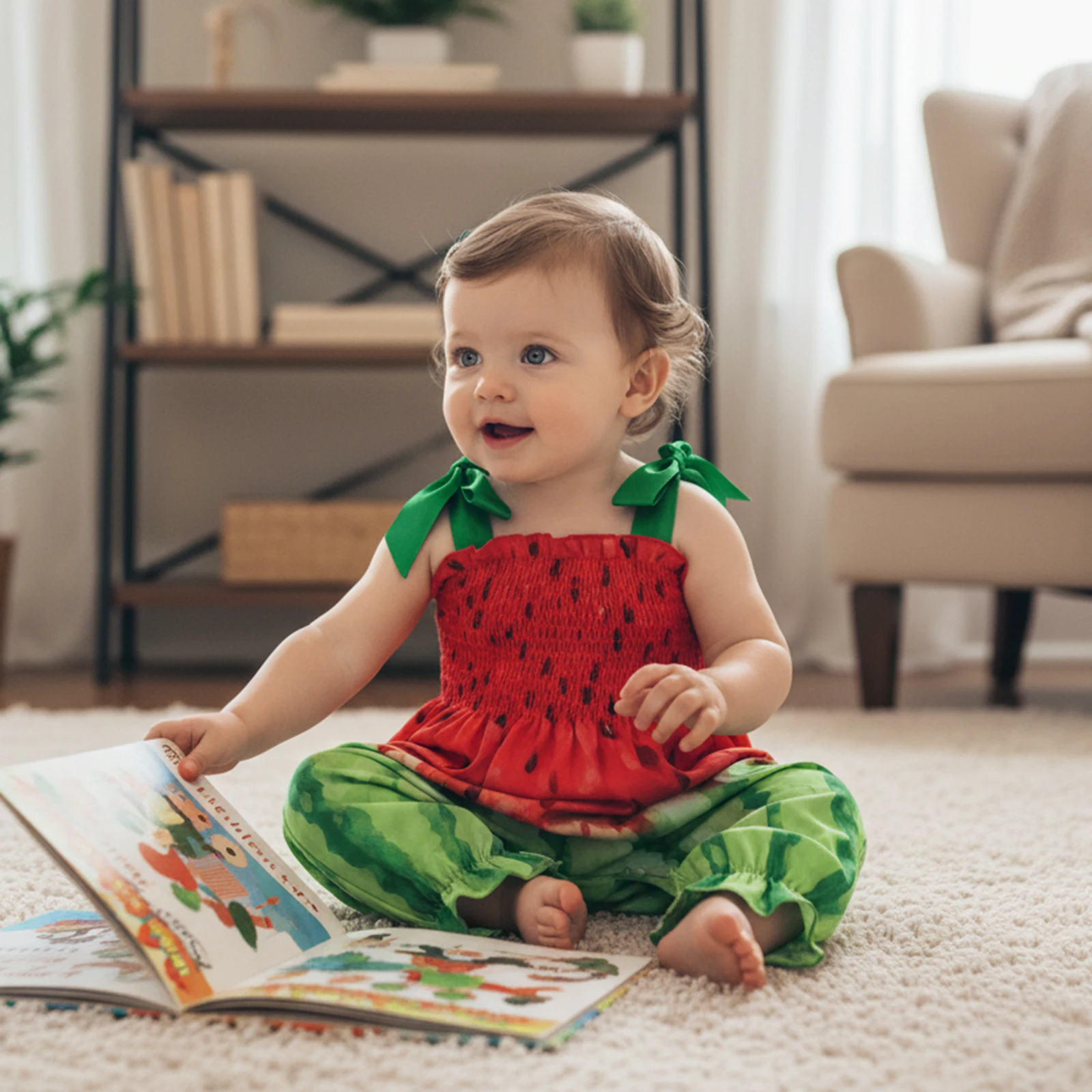 Baby Girl Summer Romper Sleeveless Tie Shoulder Strap Watermelon Print Jumpsuit Infant Pajamas