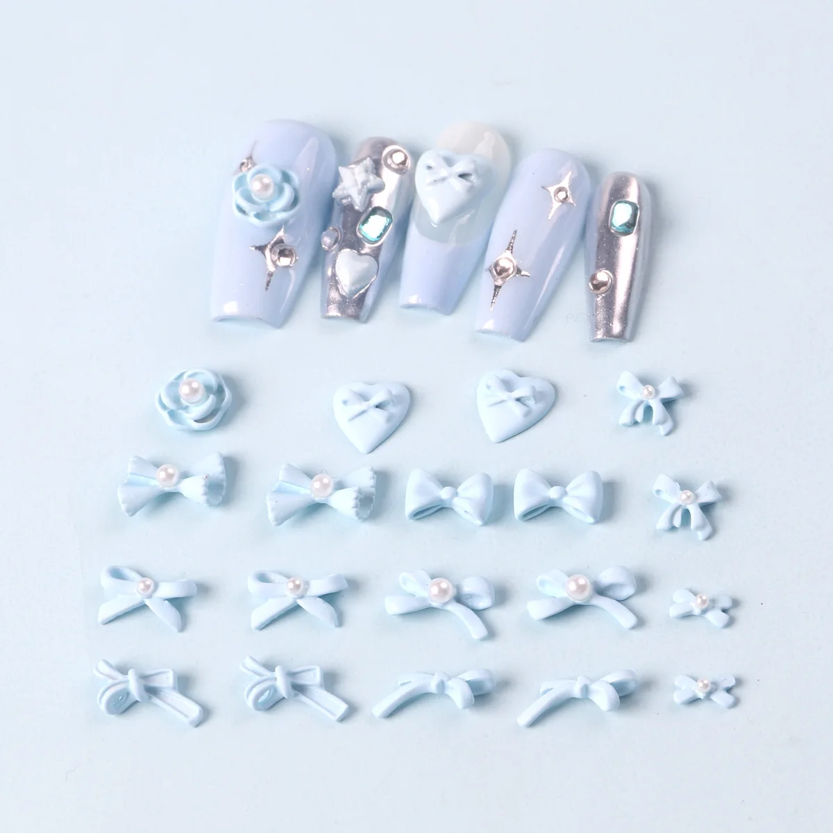 20Pcs Mix Bow Nails Art Accessories Kawaii Blue Pink Bow Knot Ribbon Nail Decoration Resin Bow 3D Charm for Nails