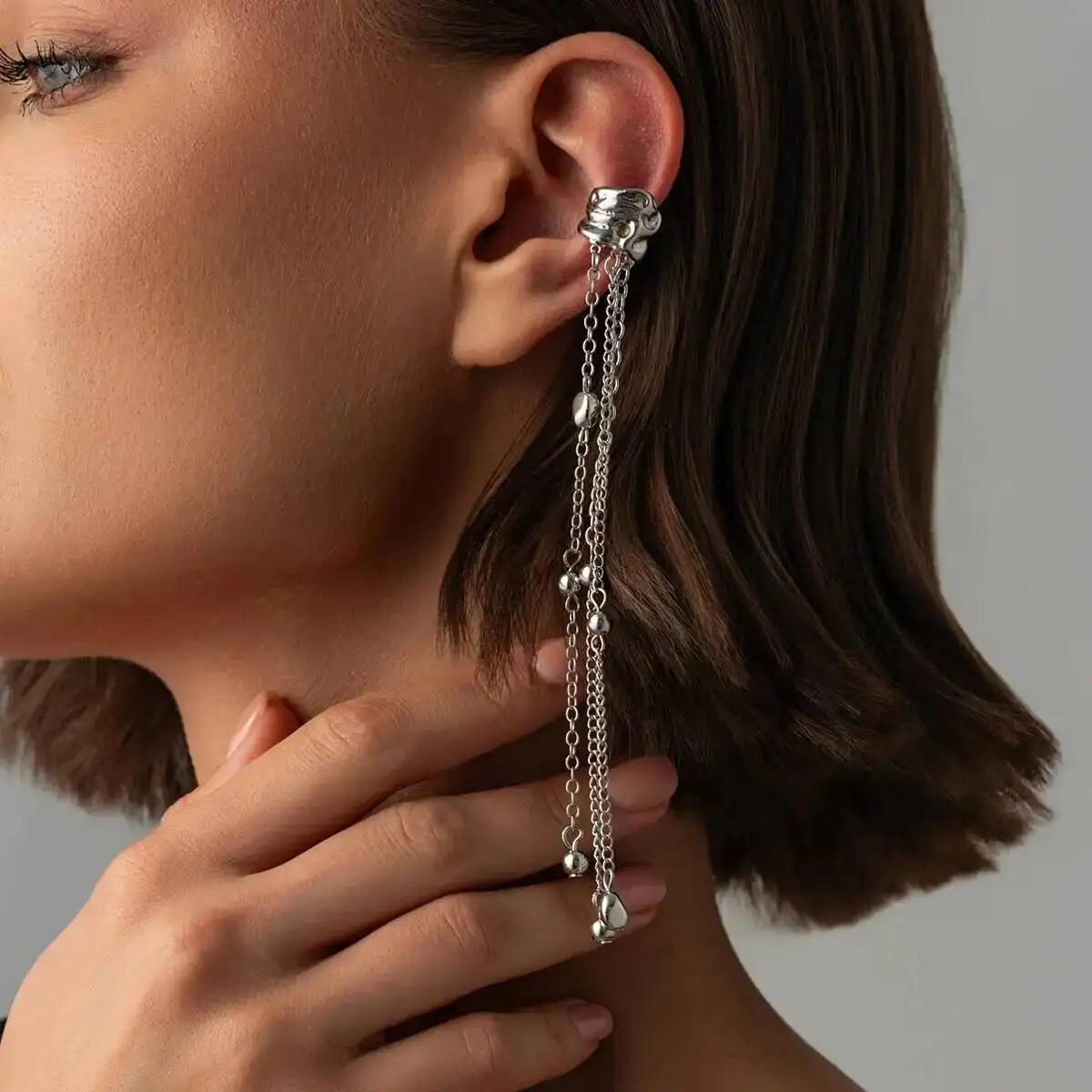 KunJoe Trendy Exquisite Long Tassel CCB Beads Chain Ear Clip Earring Women Charm 1PC Ear Cuff C-Shape No Piercing Earing Jewelry