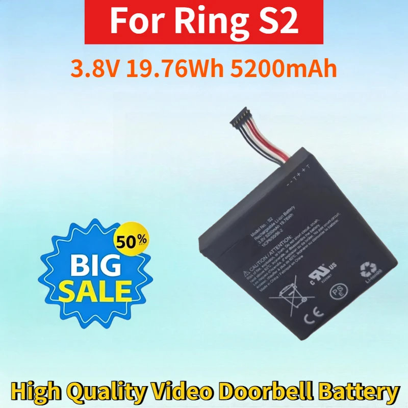 

3.8V 19.76Wh 5200mAh Rechargeable Lithium-ion Battery for Ring S2 Video Doorbell High Quality Video Doorbell Replacement Battery